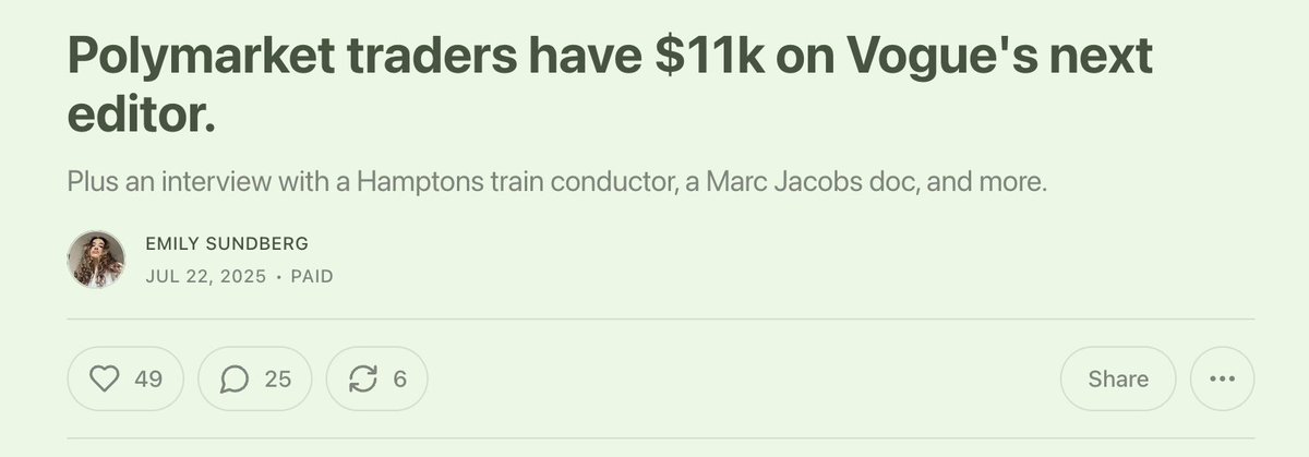 winnie (@winnielaux_) on Twitter photo today's <a href="/Emily_Sundberg/">EMILY SUNDBERG</a> headline really hitting on all my interests at once.
crypto prediction markets meets fashion gossip with a spot on recount of the spectacle/microcosm that has become of LIRR passengers...
this is the reporting we need more of, and why her letter remains today's <a href="/Emily_Sundberg/">EMILY SUNDBERG</a> headline really hitting on all my interests at once.
crypto prediction markets meets fashion gossip with a spot on recount of the spectacle/microcosm that has become of LIRR passengers...
this is the reporting we need more of, and why her letter remains