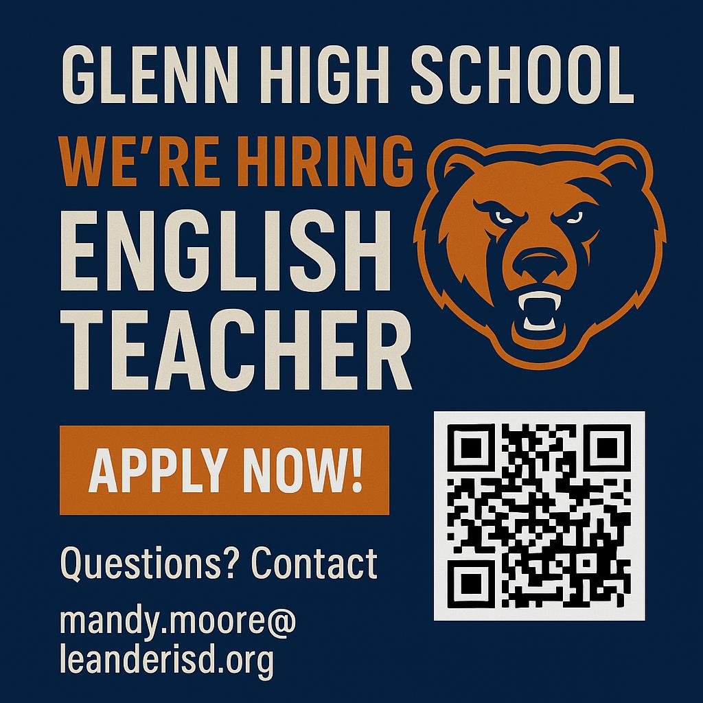 Leander ISD HR (@lisdcareers) on Twitter photo 📣 <a href="/TomGlennHS/">Tom Glenn High School</a>, home of the Grizzlies in <a href="/LeanderISD/">Leander ISD</a> , is looking for an English teacher to join our incredible team!
If you have a love for literature, a heart for students, and a desire to make a difference every single day — we want to hear from you! 💬✍️ 📣 <a href="/TomGlennHS/">Tom Glenn High School</a>, home of the Grizzlies in <a href="/LeanderISD/">Leander ISD</a> , is looking for an English teacher to join our incredible team!
If you have a love for literature, a heart for students, and a desire to make a difference every single day — we want to hear from you! 💬✍️