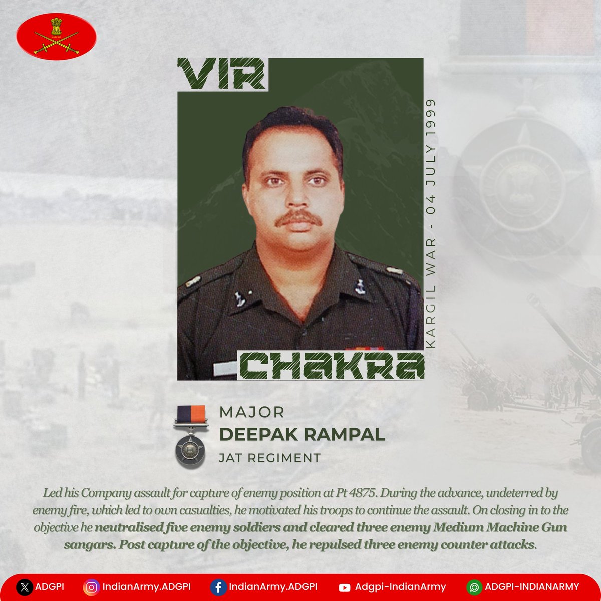 adgpi's tweet image. #26YearsofKargilVijay
Major Deepak Rampal
Jat Regiment
In #Kargil War, Maj Rampal led his Company Assault for capture of Pt 4875. During the advance, undeterred by enemy fire, he motivated his troops to continue the assault despite casualties. On closing in to the objective he…