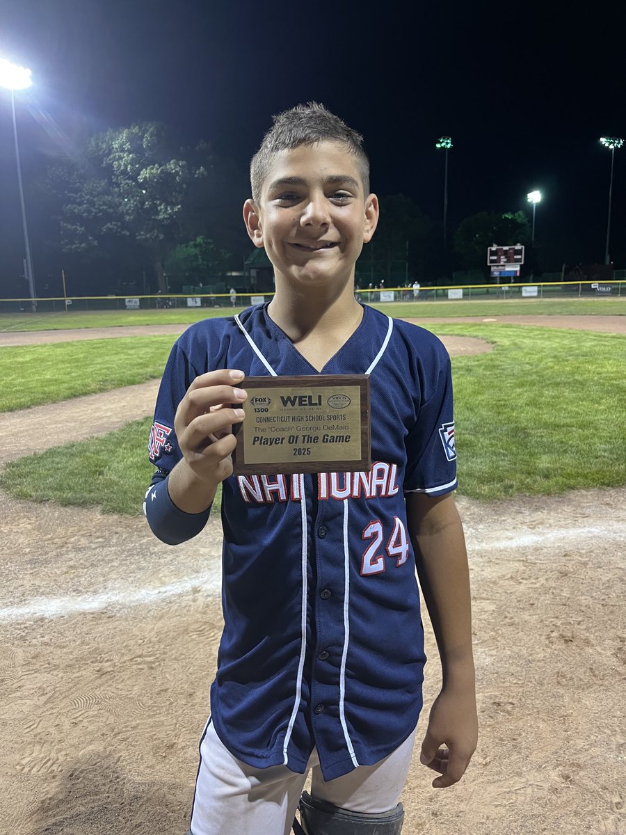 Jimmy Taxiltaridis, Fairfield National LL, hit 2 Home Runs, one was a Grand Slam, had 2 singles and 6 RBIs, in a 16-2 win over East Lyme, in the Little League Baseball State Tournament TheCoachWELI
