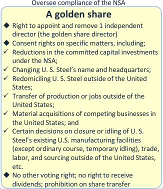 Японы Nippon Steel компани нь АНУ-ын U.S. Steel компанийг худалдан авах үйл явцыг АНУ-ын засгийн газар шууд зөвшөөрөөгүй, харин тодорхой хяналтын нөхцөлтэйгөөр зөвшөөрсөн. Үүний хамгийн чухал нь“Golden Share” буюу “Алтан хувьцаа” гэсэн онцгой хяналтын эрхийг АНУ өөртөө хадгалсан.