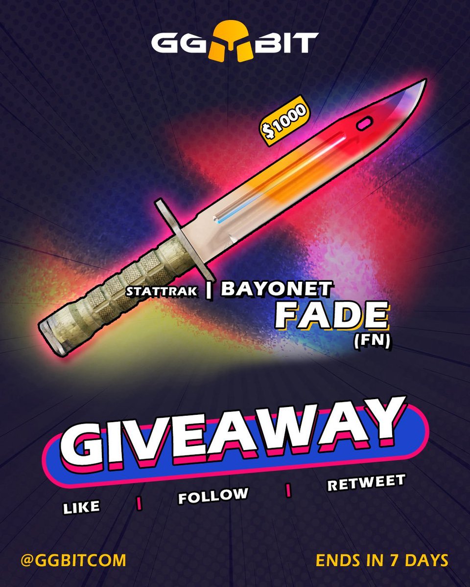 CS2News_EN's tweet image. 💥 1000$ BAYONET | FADE💥
👉 TO ENTER :
✅ Follow me & @GGBITCOM
✅ Retweet + Like
✅ Tag 1 Friend
📅 Giveaway ends in 7 days!