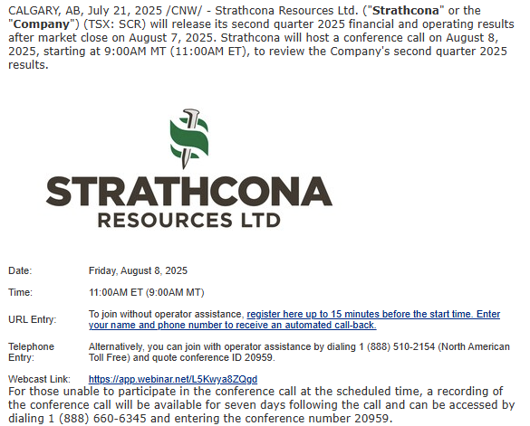 VanIsleInvestor's tweet image. $SCR Strathcona Announces Q2 2025 Conference Call