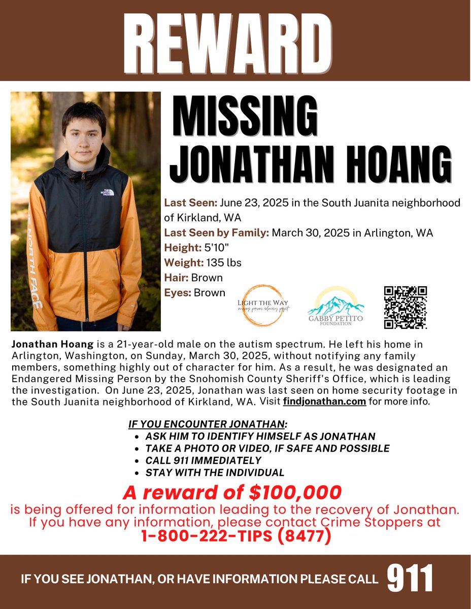 LightTheWay22's tweet image. ‼️ MISSING: Jonathan Hoang ‼️
Last Seen June 23, 2025 in Kirkland, #Washington
#JonathanHoang is a 21-year-old autistic man who has been #missing since March 30, 2025, when he left his home in Arlington, WA without notifying anyone, something highly out of character for him.…