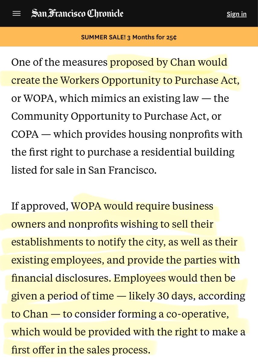 rohindhar's tweet image. San Francisco board of supervisor member proposes:
Businesses in San Francisco must notify city of their intent to sell and give employees right of first offer before selling their business