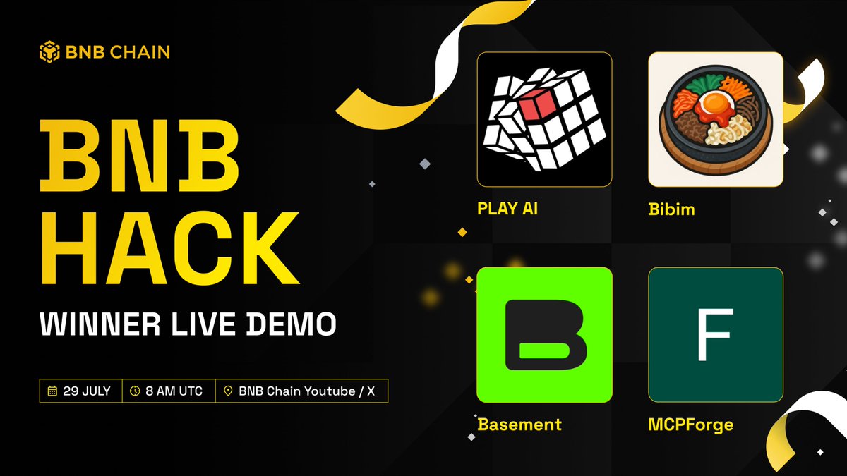 BNBChainDevs's tweet image. The latest batch of #BNBHack winners are out.
Catch their live demo on 29th July at 8 AM UTC with @playAInetwork, @MCPForge, @Basement_web and @bibim_official.
🔸 Complete tasks to win a share of $500: app.questn.com/quest/10617978…
🔸 Comment on X Live for a chance to win $50!
🔗…