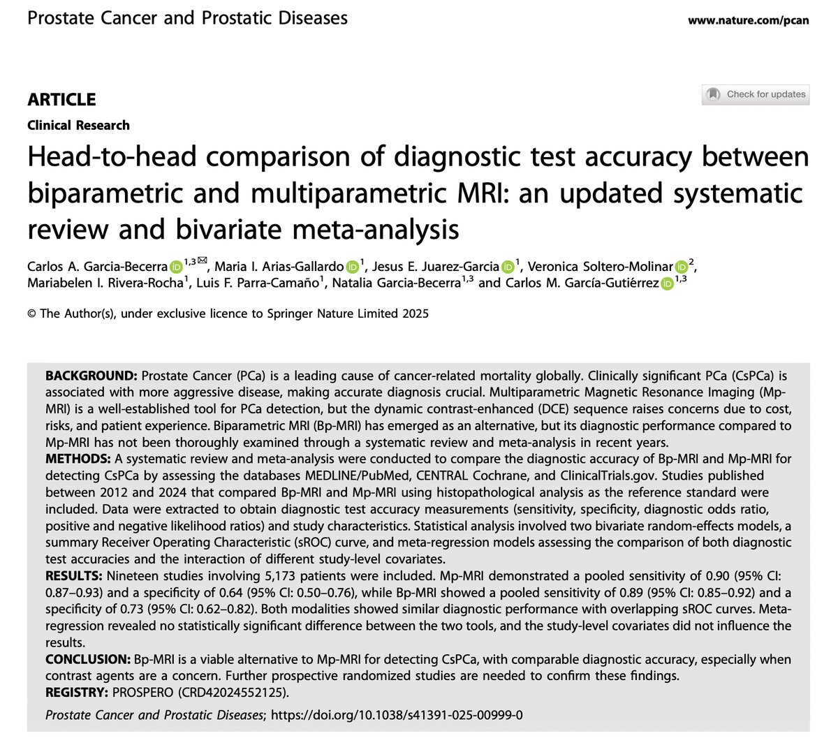 📰 Just published in <a href="/pcan_journal/">Prostate Cancer and Prostatic Diseases</a>: our latest meta-analysis suggests contrast may not be needed to detect prostate cancer.
Bp-MRI vs Mp-MRI — 5,000+ patients.
Less risk. Less cost. Same accuracy.
Full paper 👉 shorturl.at/Fp8im
#UroOncology #ProstateCancer #MRI