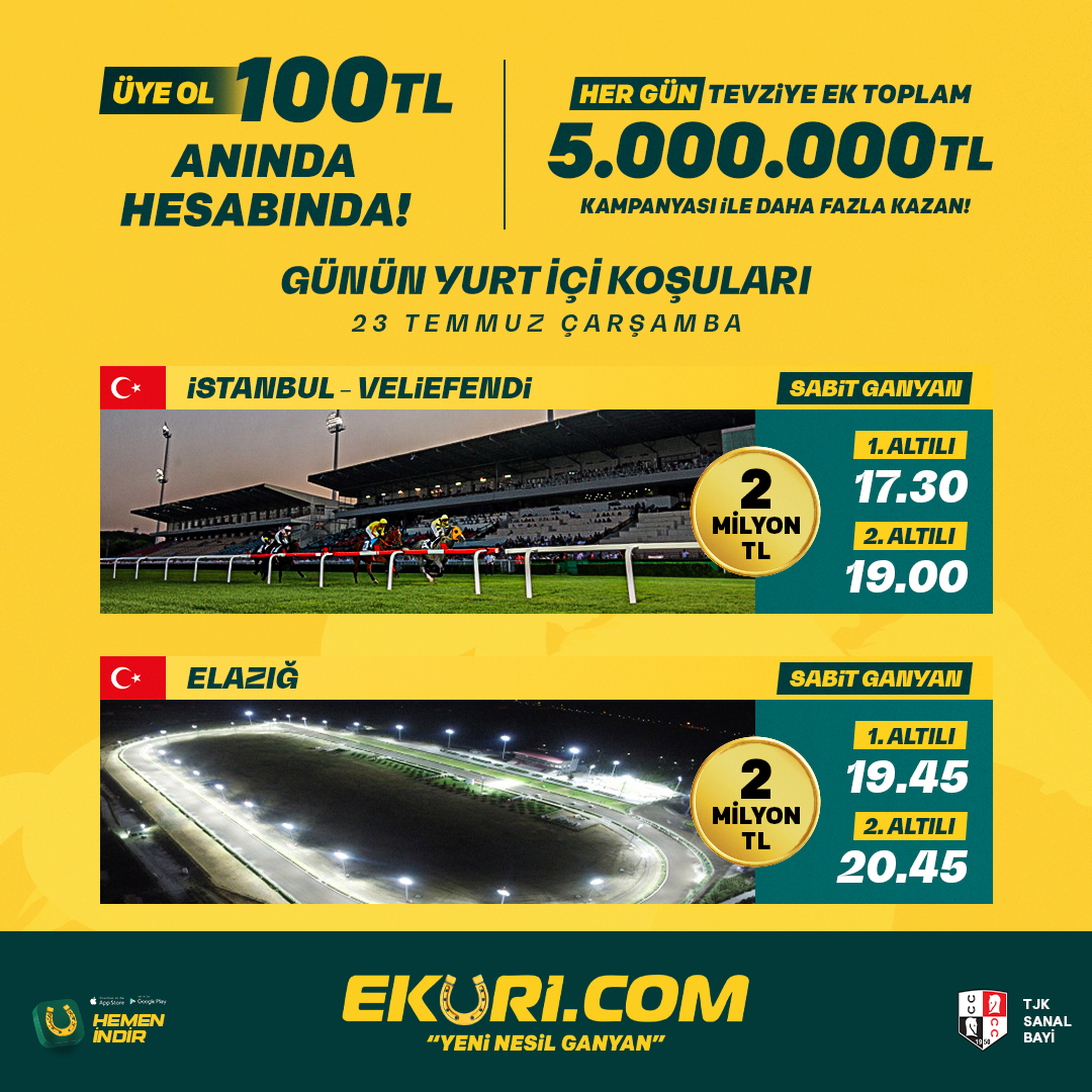 🐎 GÜNÜN YARIŞMASI!

⭐Tevziye ek 1 milyon TL fırsatından yararlanabileceğiniz İstanbul,

✍️1. altılı ganyanın ilk koşusunda sıralı ikiliyi tahmin et, 100 TL eküri puan kazan!

Şartlar:
* Üye numaranı yaz.
* Eküri X hesabını takip et.
* Paylaşımı RT yap ve beğen.
*Birden fazla ve