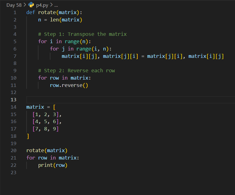 AnshumanSparsh's tweet photo. ✅ Day 58 / 100 – #100DaysOfCode
🔹 Solved 4 solid medium-level Python problems
🔹 Topics: sequences, anagrams, matrix rotation, and more
🔹 Learning: Break problems → Find patterns → Code smart
➡️ https://t.co/ycyco3ggjk
#Python #DSA #100DOC https://t.co/Fi1P11Sul8