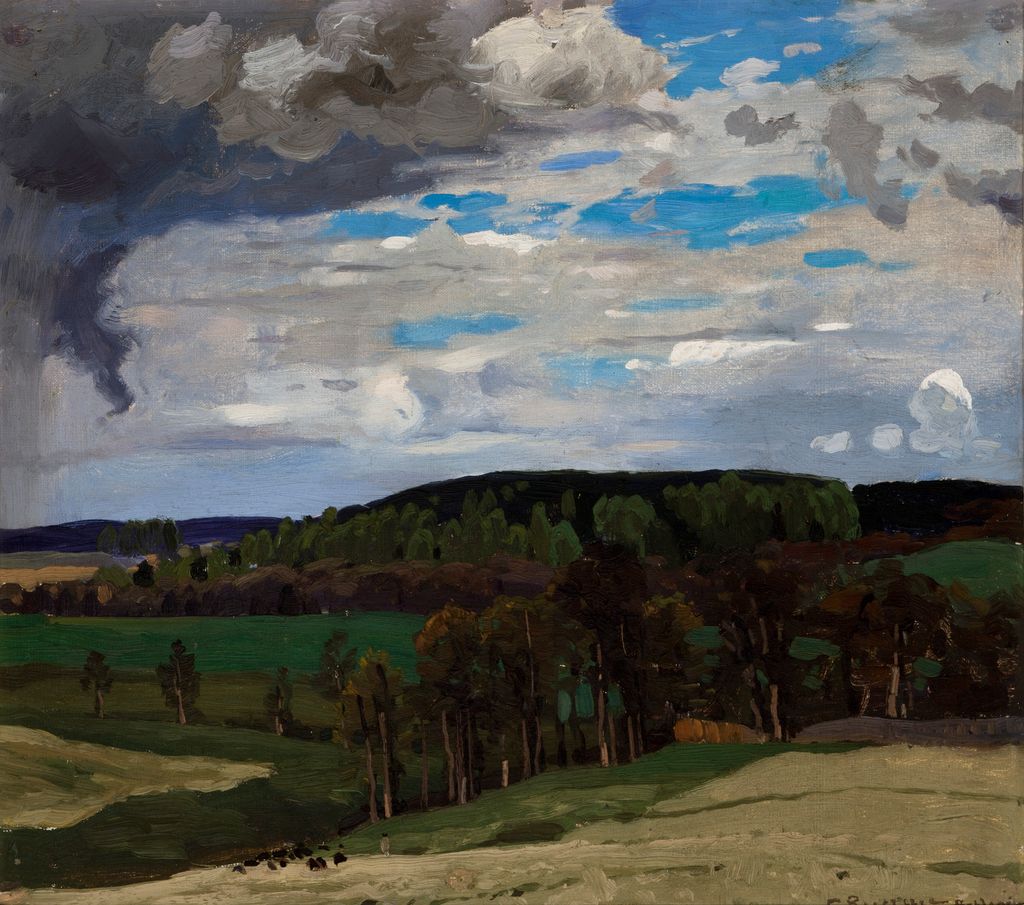 polmastersofart's tweet image. Ferdynand Ruszczyc - Pejzaż z chmurami | Krajobraz litewski (olej na płótnie, 41 x 47 cm), 1898-1902, Muzeum Narodowe w Krakowie. #PolishMastersofArt