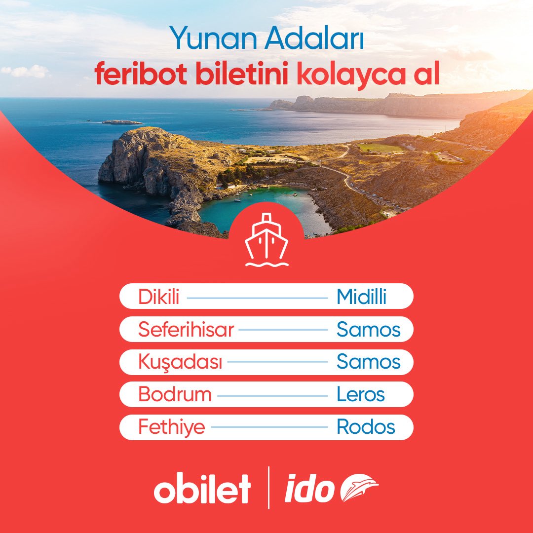 Yunan adaları seni bekliyor! 🏖️🤩

Yazın keyfini komşuda çıkarmak için İdo feribot biletini obilet’ten kolayca alabilirsin 🛳️

obilet.com/feribot-firmal…

<a href="/idokurumsal/">İDO</a>