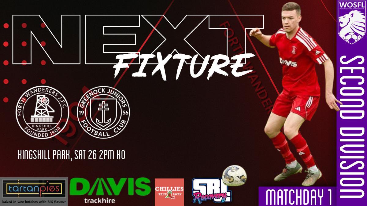 Forth Wanderers (@forthw3749) on Twitter photo ☀️Our First Home Game of the Season
🆚<a href="/GREENOCKJFC/">Greenock Juniors FC</a>
🏆WOSFL Div 2
🏟️ Kingshill Park, Forth, ML11 8AA
📅 Sat, 26th July
🕑 14:00
🎟 Adults - £7 | Concessions - £4 | U16s go free
🔴⚫️Gonna Wanderers!
<a href="/OfficialWoSFL/">West of Scotland Football League 🏴</a> ☀️Our First Home Game of the Season
🆚<a href="/GREENOCKJFC/">Greenock Juniors FC</a>
🏆WOSFL Div 2
🏟️ Kingshill Park, Forth, ML11 8AA
📅 Sat, 26th July
🕑 14:00
🎟 Adults - £7 | Concessions - £4 | U16s go free
🔴⚫️Gonna Wanderers!
<a href="/OfficialWoSFL/">West of Scotland Football League 🏴</a>