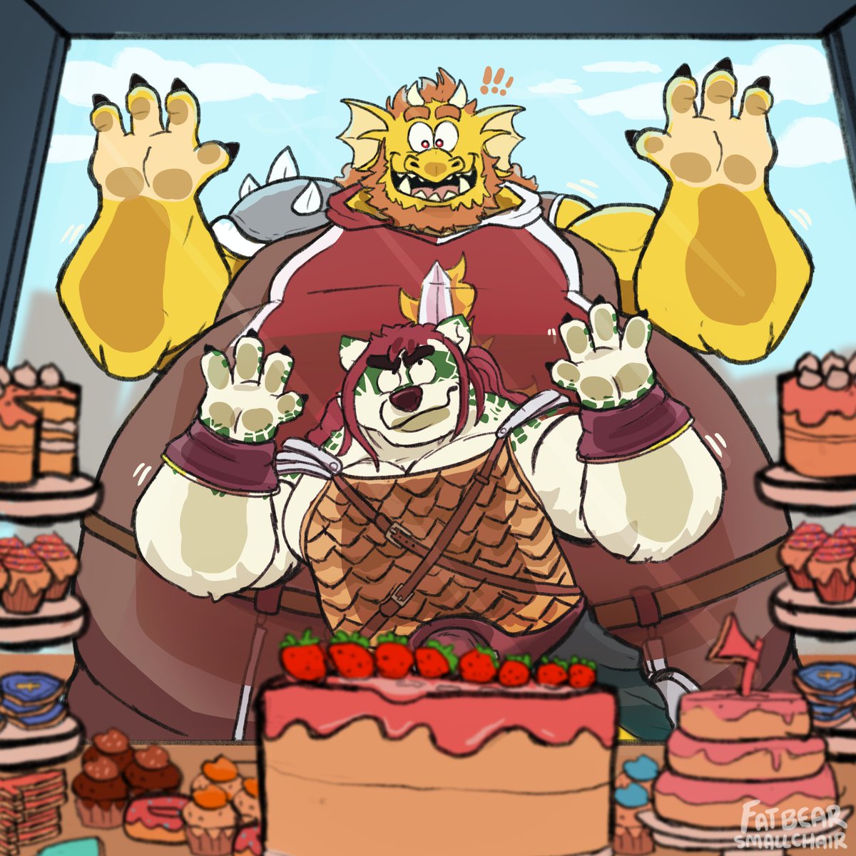 "Look, Lognar... those cakes are decorated with axes, shields...  See that? It’s like they’re inviting us to battle them bite by bite. ...Lognar? Why does he always disappear the moment sweets show up?"

Lognar belongs to <a href="/danvekin/">danvekin</a> 
Made possible by @/fatbearsmallchair in bluesky