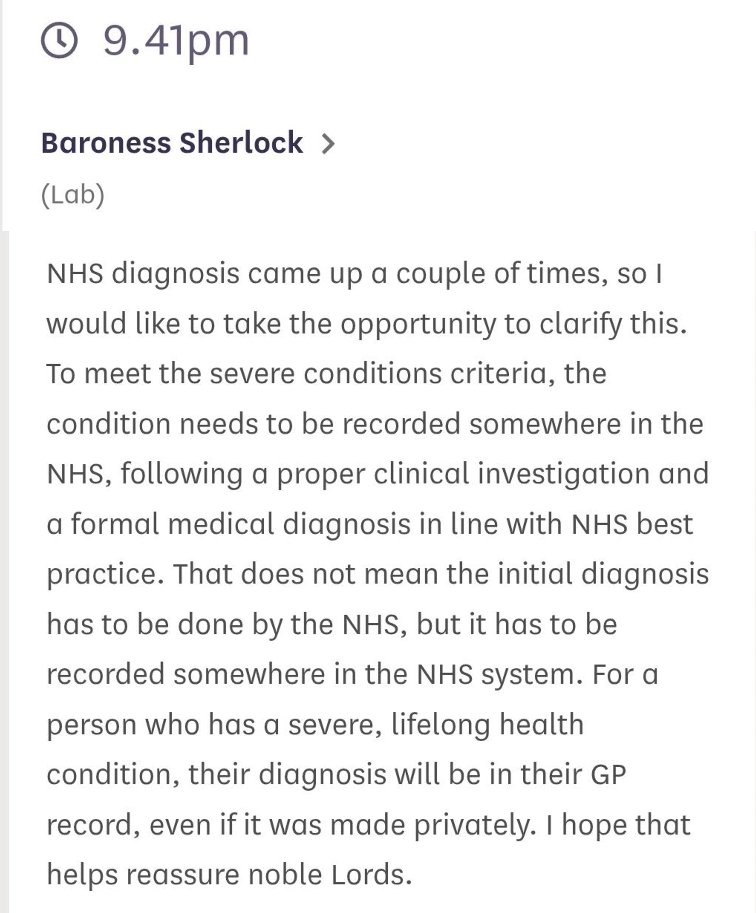 LurgeeLife's tweet image. Confirmation by Baroness Sherlock in the House of Lords yesterday that the Severe Conditions Criteria diagnosis requirement can be completed by a qualified non-NHS healthcare professional as long as their diagnosis is recorded somewhere in the NHS system 👇