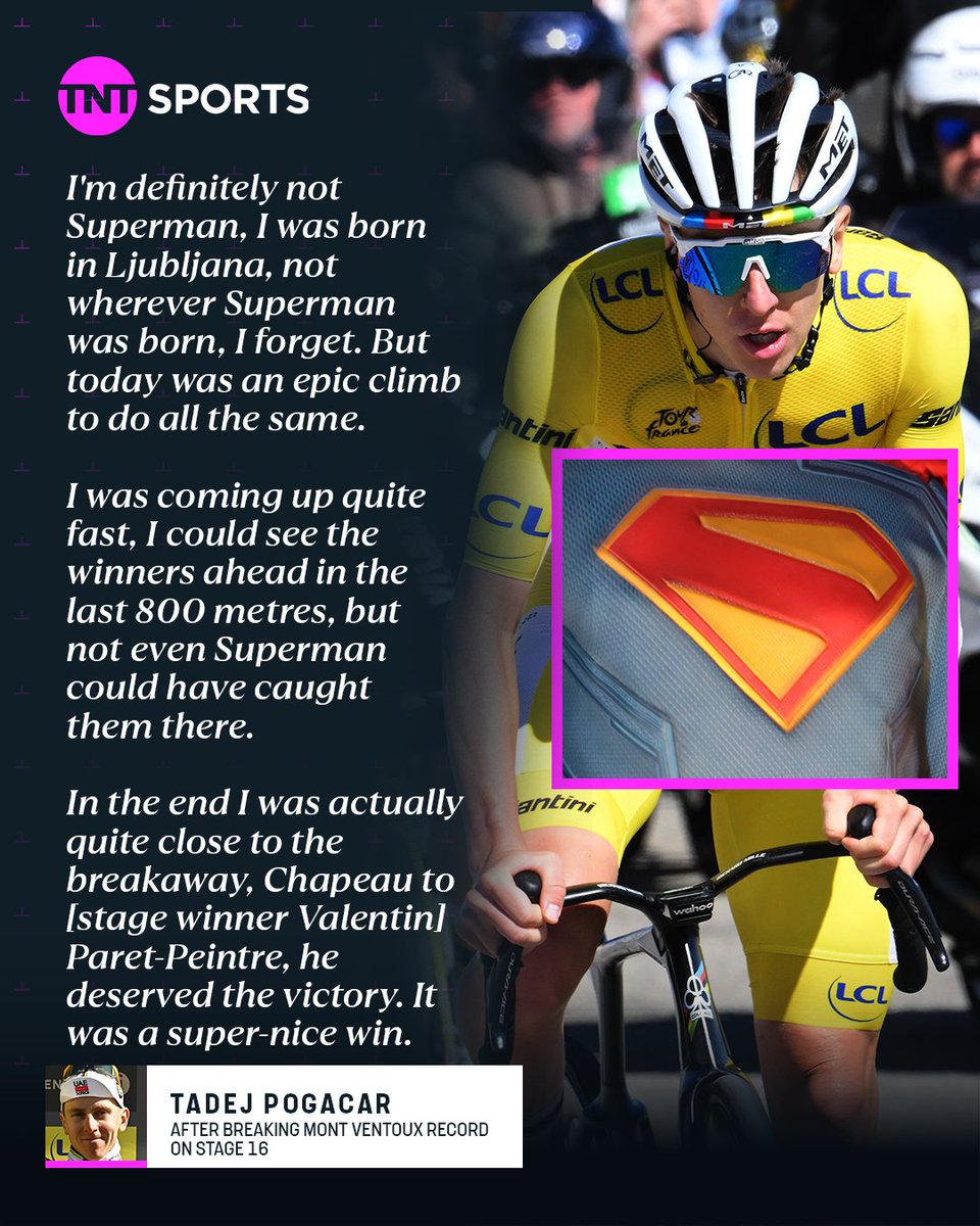cyclingontnt's tweet image. Tadej Pogacar confirms he is 'π
πππππππππ not Superman' after breaking the Mont Ventoux record on Stage 16 of the Tour de France π¦Έ