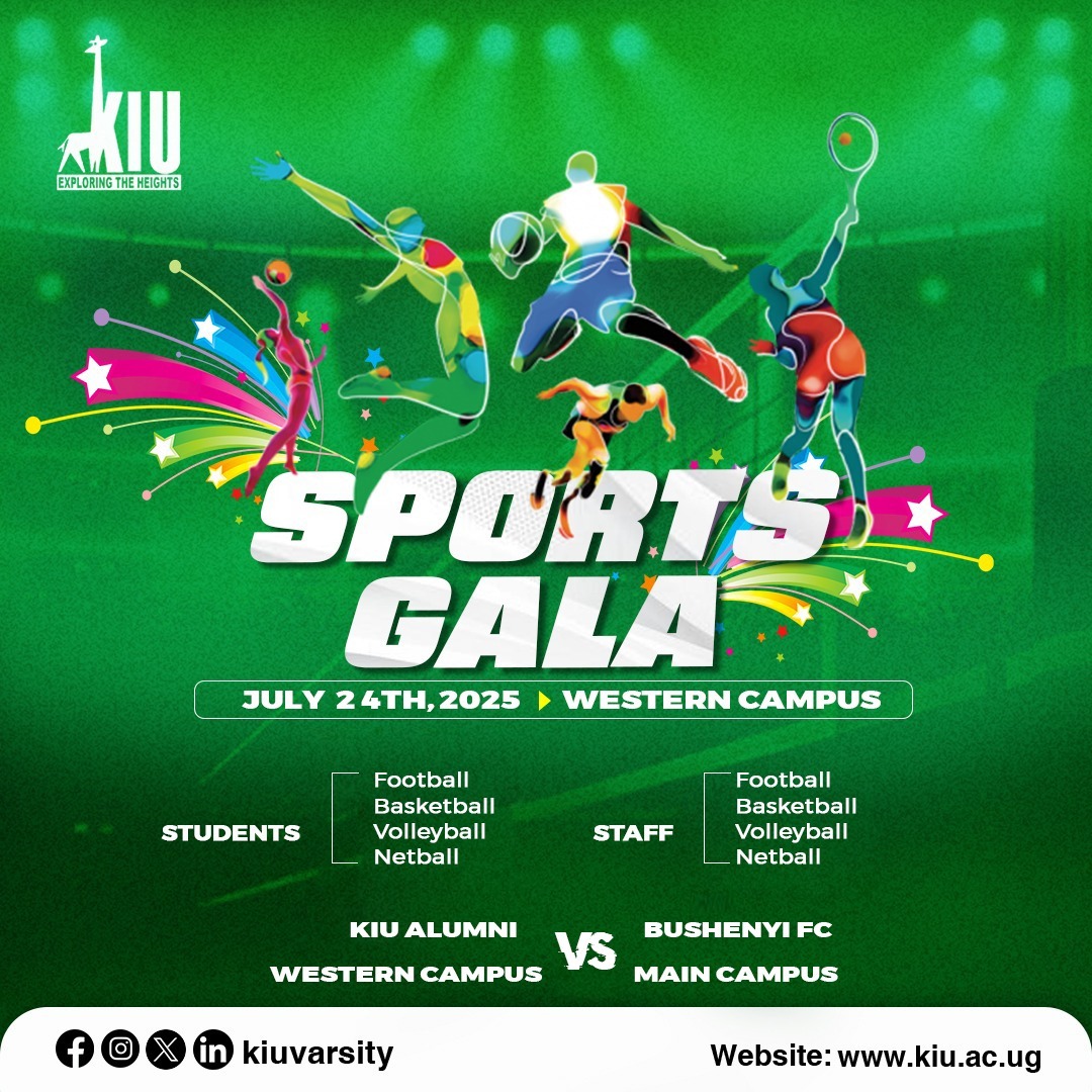 Join us for the PRE-GRADUATION SPORTS GALA as we count down to our 31st Graduation Ceremony and celebrate 25 years of academic excellence.

KIU Alumni  Vs  Bushenyi FC
Western Campus  Vs  Main Campus

Date: July 24th, 2025
Venue: KIU Western Campus, Ishaka-Bushenyi

Come witness