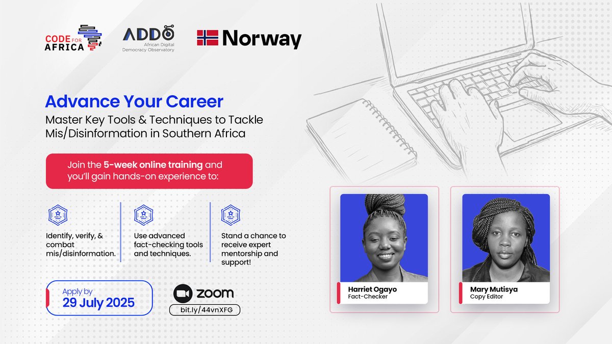 Code4Africa's tweet image. 🛡️Want to fight mis/disinformation in Southern Africa?
@Code4Africa, with support from the Norwegian Ministry of Foreign Affairs, is offering free online training for journalists and CSOs.(🇧🇼🇱🇸🇲🇬🇳🇦🇿🇦🇿🇼)
🎓 Certificate upon completion
📆 Apply by 29 July: bit.ly/3GzbiJY