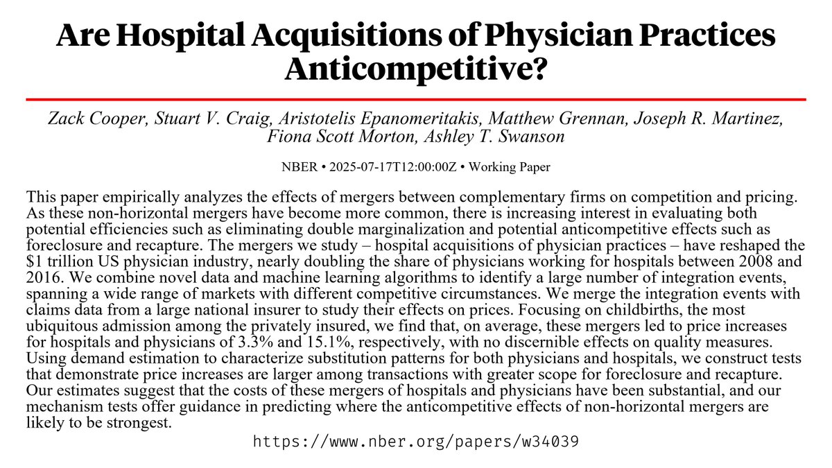 CapybaraPapers's tweet image. Are Hospital Acquisitions of Physician Practices Anticompetitive? nber.org/papers/w34039