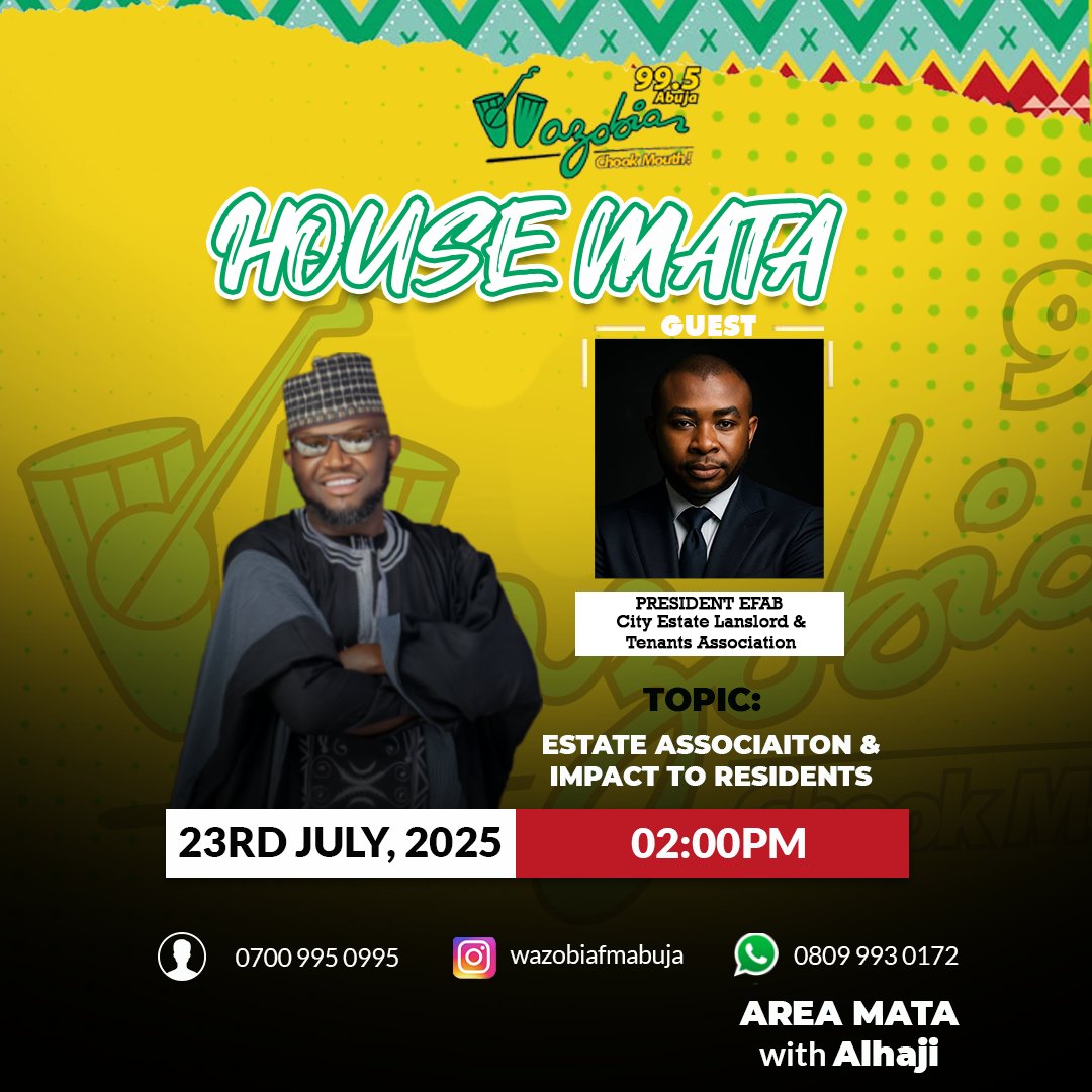 WazobiaFMAbuja's tweet image. President EFAB, City Estate Landlords and Tenants Association, go join @MairagoTv on House Mata today.
To #chookmouth for 'Estate Association & Impact to residents' mata.