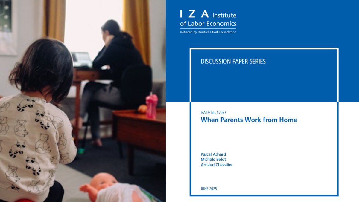 IZAWorldofLabor's tweet image. 'When Parents Work from Home' -this study by Pascal Achard, @BelotMichele @Cornell and Arnaud Chevalier @RoyalHolloway finds that "children whose #parents gain the right to #WfH improve their scores on a high-stakes exam by 9% of a standard deviation".
iza.org/publications/d…