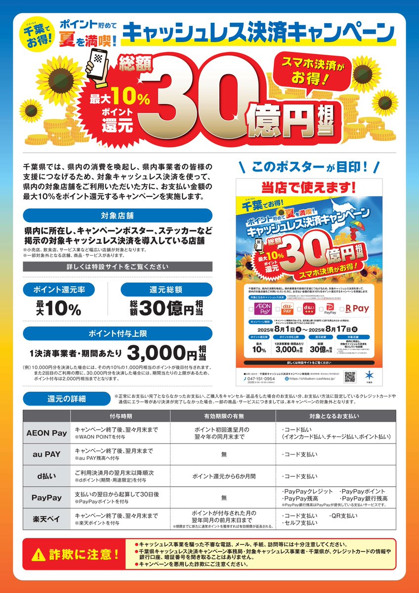 chibaken_kouhou's tweet image. /
キャッシュレス決済キャンペーン📣
\
8/1(金)から、対象店舗で対象キャッシュレス決済を利用した方に最大10%をポイント還元するキャンペーンを実施します!
この機会に普段以上のお買い物をして千葉の夏を満喫しましょう🌞
詳しくは特設サイトをご覧ください✨
chibaken-cashless.jp