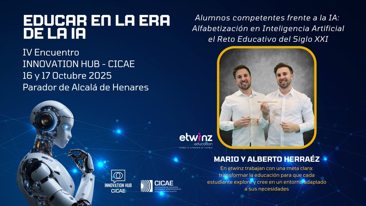CICAE (@cicae_educacion) on Twitter photo 🧠 Etwinz: Alumnos competentes frente a la IA
La #IA ya transforma cómo vivimos y aprendemos.
En el taller “Alfabetización en IA: el Reto Educativo del Siglo XXI”, <a href="/eTwinzEDU/">eTwinz Education</a> reflexionarán sobre cómo preparar a los alumnos para un mundo algorítmico.
🔗 cicae.com/educar-en-la-e… 🧠 Etwinz: Alumnos competentes frente a la IA
La #IA ya transforma cómo vivimos y aprendemos.
En el taller “Alfabetización en IA: el Reto Educativo del Siglo XXI”, <a href="/eTwinzEDU/">eTwinz Education</a> reflexionarán sobre cómo preparar a los alumnos para un mundo algorítmico.
🔗 cicae.com/educar-en-la-e…