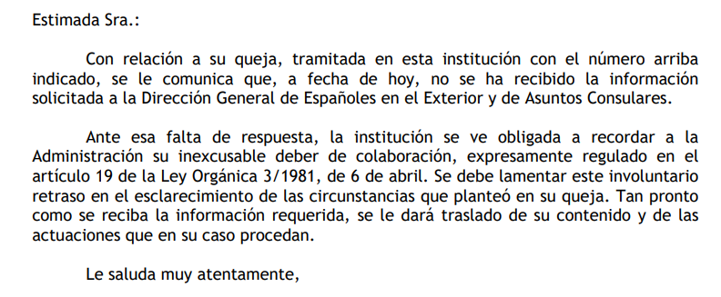<a href="/LeyMemoria/">Ley de memoria democratica.</a> <a href="/euge5601/">Euge</a> <a href="/DefensorPuebloE/">Defensor del Pueblo</a> Rta de hace 9 meses. Iniciado hace 15 m. Los Consulados en cuestión, siguen en silencio, ante todos. No es sólo la demora en un exp de nac de hace 26 meses, además, hubo mala aplicación del Consulado. El error no es el problema, sino no hacerse cargo del mismo.