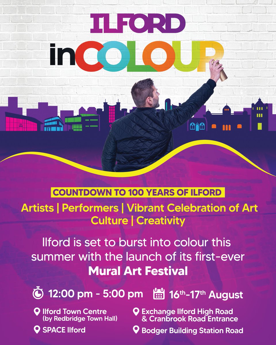 IlfordBID's tweet image. Ilford inColour! 📅 16 & 17 August 2025 📍 Ilford Town Centre – multiple key locations Join us for Ilford’s first mural art festival part of our 100 years of Ilford countdown events, with live mural painting, music, markets, and family fun!
🖌️ Live mural art shows on 16th &…