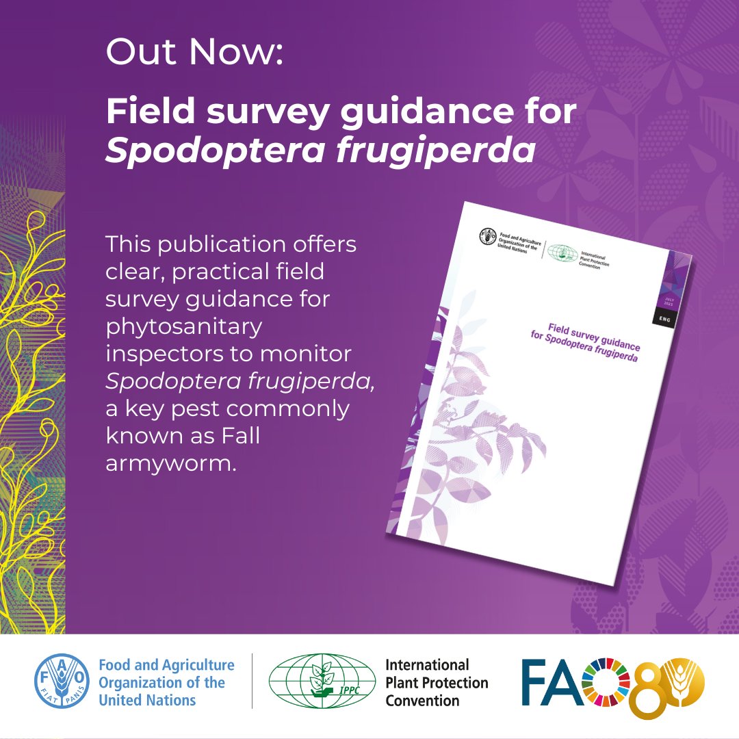 📌📘 Discover the newest IPPC publication with easy-to-follow guidelines for phytosanitary personnel in national plant protection organizations to monitor, detect and prevent Spodoptera frugiperda or Fall armyworm.

A global threat to #FoodSecurity, Fall armyworm feeds on 80+