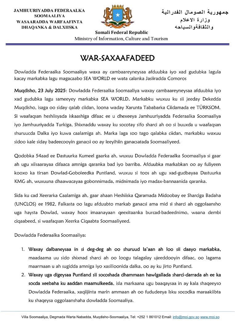 TheDailySomalia's tweet image. #BREAKING: The federal government of Somalia condemned the seizure of the cargo vessel SEA WORLD by Puntland state, saying the ship was legally carrying military equipment destined for Mogadishu under a bilateral defense agreement with Turkey.
The government said the shipment…