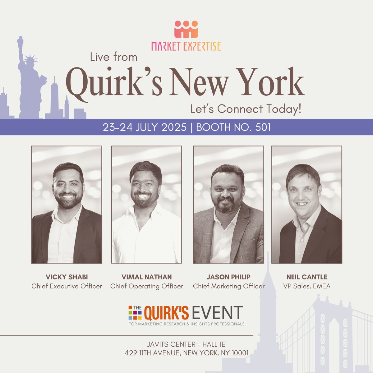 📍 Catch us at Booth 501 at <a href="/QuirksMR/">Quirk's Media #MRX</a> New York, July 23–24! Our leadership team will be sharing bold ideas on insight ecosystems, AI-driven research &amp; brand resilience. Let’s shape the future—together. #ExecutiveInsights #MarketResearchExcellence #DataToDecisions #StrategyLeade
