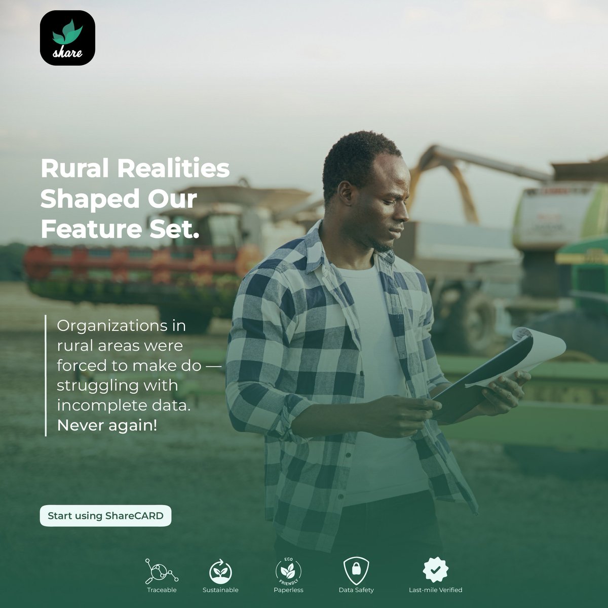sharecard_app's tweet image. missed follow-ups, and no proof of impact. ShareCARD changes that with:
✅ Offline data collection
✅ Simple dashboards (no M&amp;amp;E team needed)
✅ Agent-first workflows built from real field experience
#BuiltForImpact #MadeForTheField #LastMileTech