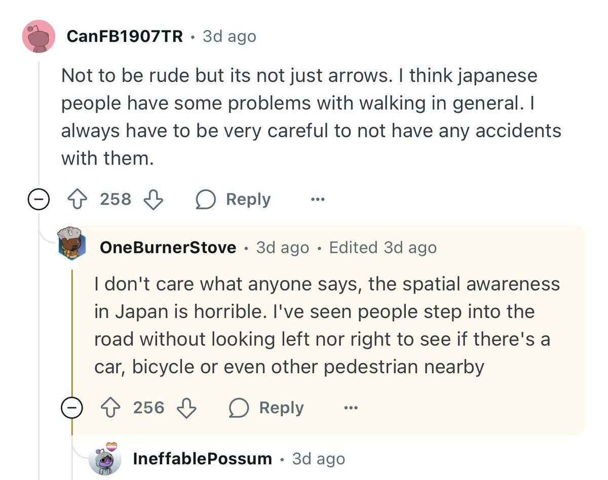 GearoidReidy's tweet image. For a change of pace, let’s check in with the good people of Japan Reddit who today are convinced that the people in their host country are inferior in
*checks notes
the ability to walk