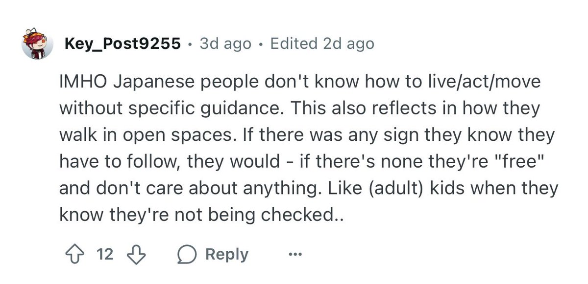 GearoidReidy's tweet image. For a change of pace, let’s check in with the good people of Japan Reddit who today are convinced that the people in their host country are inferior in
*checks notes
the ability to walk