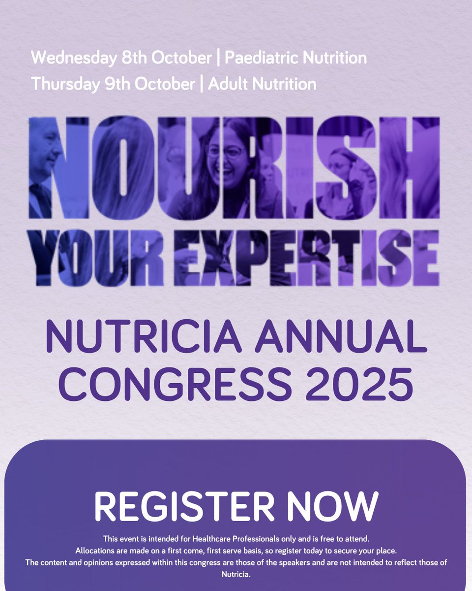 Nutricia HCP UK (@nutriciahcpuk) on Twitter photo Join us for the Nutricia Annual Congress 2025!
Registration is now open for this key event to help Healthcare Professionals develop their knowledge by hearing talks from experts in both paediatric and adult nutrition.
Register today to secure your place!
bit.ly/44KUWay Join us for the Nutricia Annual Congress 2025!
Registration is now open for this key event to help Healthcare Professionals develop their knowledge by hearing talks from experts in both paediatric and adult nutrition.
Register today to secure your place!
bit.ly/44KUWay
