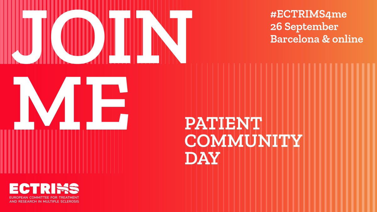 eumsplatform's tweet image. Join us at the @ECTRIMS Patient Community Day
Sept 26, 2025 | Barcelona + Online
Designed for people with MS, related neurological diseases & caregivers. #ECTRIMS4me
✅ Get latest treatment breakthroughs
✅ Connect with community
✅ Expert knowledge from leading researchers