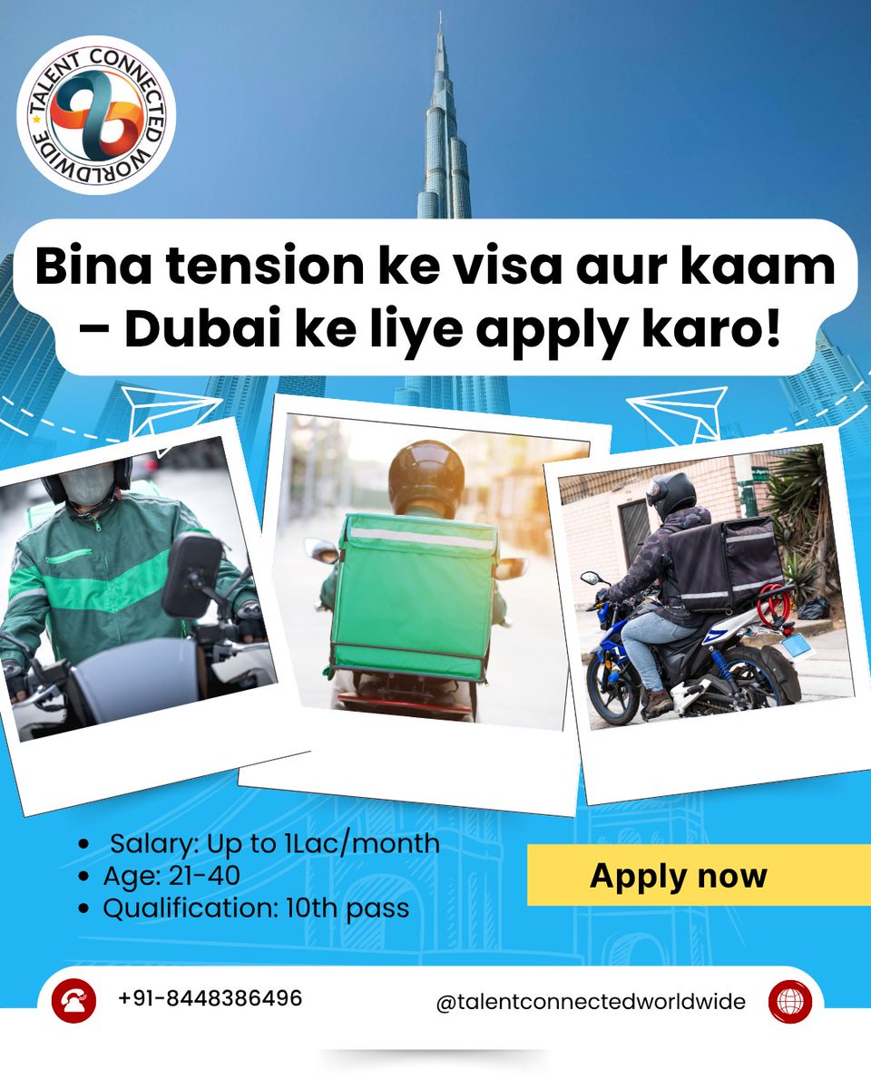 TalCoWW's tweet image. Visa aur job bina tension ke! ✅

Dubai ke liye 10th pass apply karein.

📲 Salary ₹1Lakh/month
📞 Call: +91-8448386496

#DubaiJob #LegalProcess #TCWW
