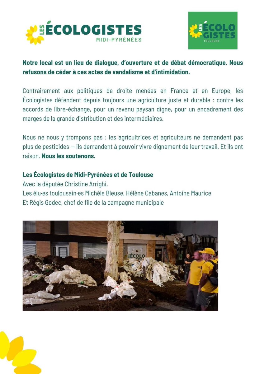 Antoine Maurice (@antoinemaurice) on Twitter photo Notre communiqué suite à la nouvelle tentative d'intimidation de la part de la coordination rurale contre le local des #Ecologistes <a href="/EELV/">Les Écologistes - EELV</a> à #Toulouse.
Les Écologistes seront toujours du côté des agriculteur-trices en soutenant leur santé, la #santé de toutes et tous, et un revenu Notre communiqué suite à la nouvelle tentative d'intimidation de la part de la coordination rurale contre le local des #Ecologistes <a href="/EELV/">Les Écologistes - EELV</a> à #Toulouse.
Les Écologistes seront toujours du côté des agriculteur-trices en soutenant leur santé, la #santé de toutes et tous, et un revenu