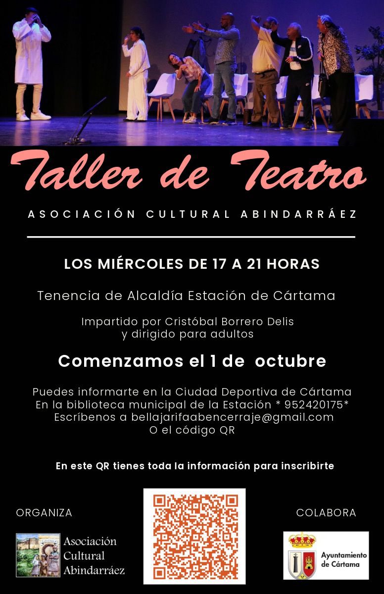 Ayto_Cartama's tweet image. 🎭 La asociación cultural Abindarráez organiza el Taller de Teatro dirigido a jóvenes y adultos que este año celebrará su V edición.
Si estás interesado en apuntarte tienes toda la información 👇🏻
#cultura #Cártama #teatro