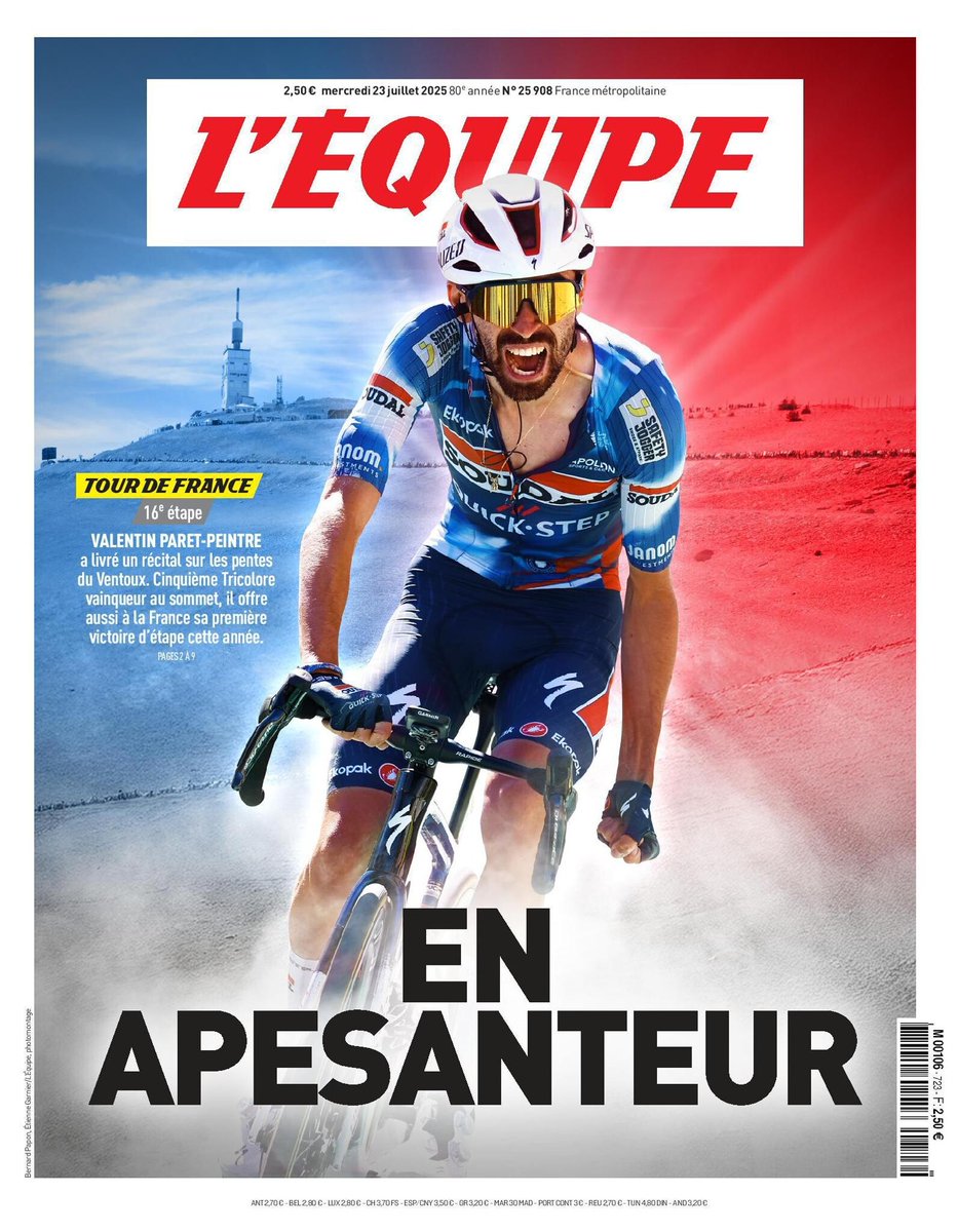 catourneovale's tweet image. 🇫🇷 On tient aujourd'hui la Une de l'Equipe la plus belle du Tour avec la somptueuse victoire de Valentin Paret-Peintre au Mont Ventoux 🤩
Malheureusement c'est la seule indisponible dans les kiosques suite à une grève dans les imprimeries 🫣
Comme par hasard @FFLose 🤔
#TDF2025