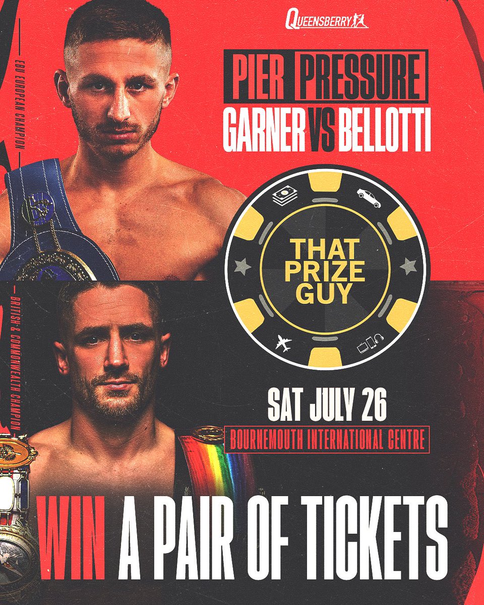 Queensberry's tweet image. 🎟 WIN TICKETS TO RYAN GARNER vs REECE BELLOTTI! 🎟️
@ThatPrizeGuy is giving lucky fans the chance to win a pair of tickets to #GarnerBellotti in Bournemouth – and you might even get a special VIP upgrade! 🤩
To enter:
✅ Like this post and follow @Queensberry and…