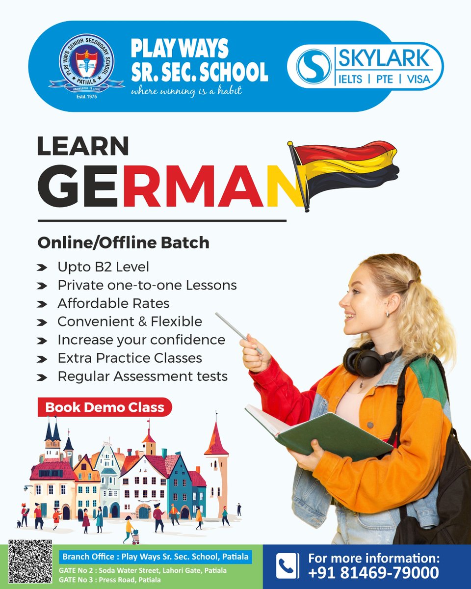 playwaysschool's tweet photo. Explore the world of opportunities with German language classes, now available both online and offline! Whether you prefer learning from the comfort of your home or in a classroom environment, we’ve got you covered. 
#LearnGerman #PlayWaysSchool #GlobalSkills #playwaysschool https://t.co/j7dG0rKB3F