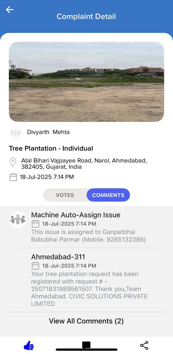 mdivyarth's tweet photo. @AmctmTrees @CMOGuj @PMOIndia @PratibhaJainBJP @PIBAhmedabad @InfoGujarat @infoahdgog @AmdavadAMC Requested for Tree Plantation in an open @AmdavadAMC Plot at Bajpayee chowk, Narol. On 18th July. Request assigned to Babubhai Ganpat bhai Parmar. No any work performed on this request. @AmctmTrees https://t.co/GyPmVQN3XZ