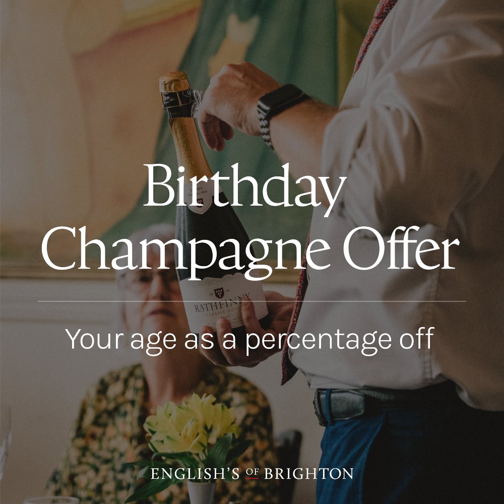 EnglishsoB's tweet image. Have you tried our birthday Champagne offer?
For your birthday week only, enjoy a discount on your first bottle of house Champagne equal to your age! Turning 50? That’s 50% off! 🍾
See the website for all the details.
#ChampagneOffer #BrightonRestaurants #EnglishsOfBrighton