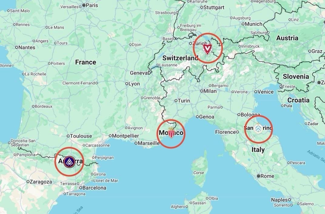 SweeperPod's tweet image. ✈️⚽️ Which of the following four football clubs that are based in micro-states but play across the border in the league of a neighbouring country would you most like to visit?
🇦🇩 FC Andorra 🇪🇸
🇲🇨 AS Monaco 🇫🇷
🇱🇮 FC Vaduz 🇨🇭
🇸🇲 San Marino Calcio 🇮🇹