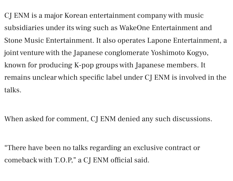 [Exclusive] Big Bang's T.O.P talks with CJ ENM for solo comeback

Weird article here - a source claims TOP is talking to CJ but a CJ official denies it. Mentions a late year release 🤷

🔗koreaherald.com/article/105382…