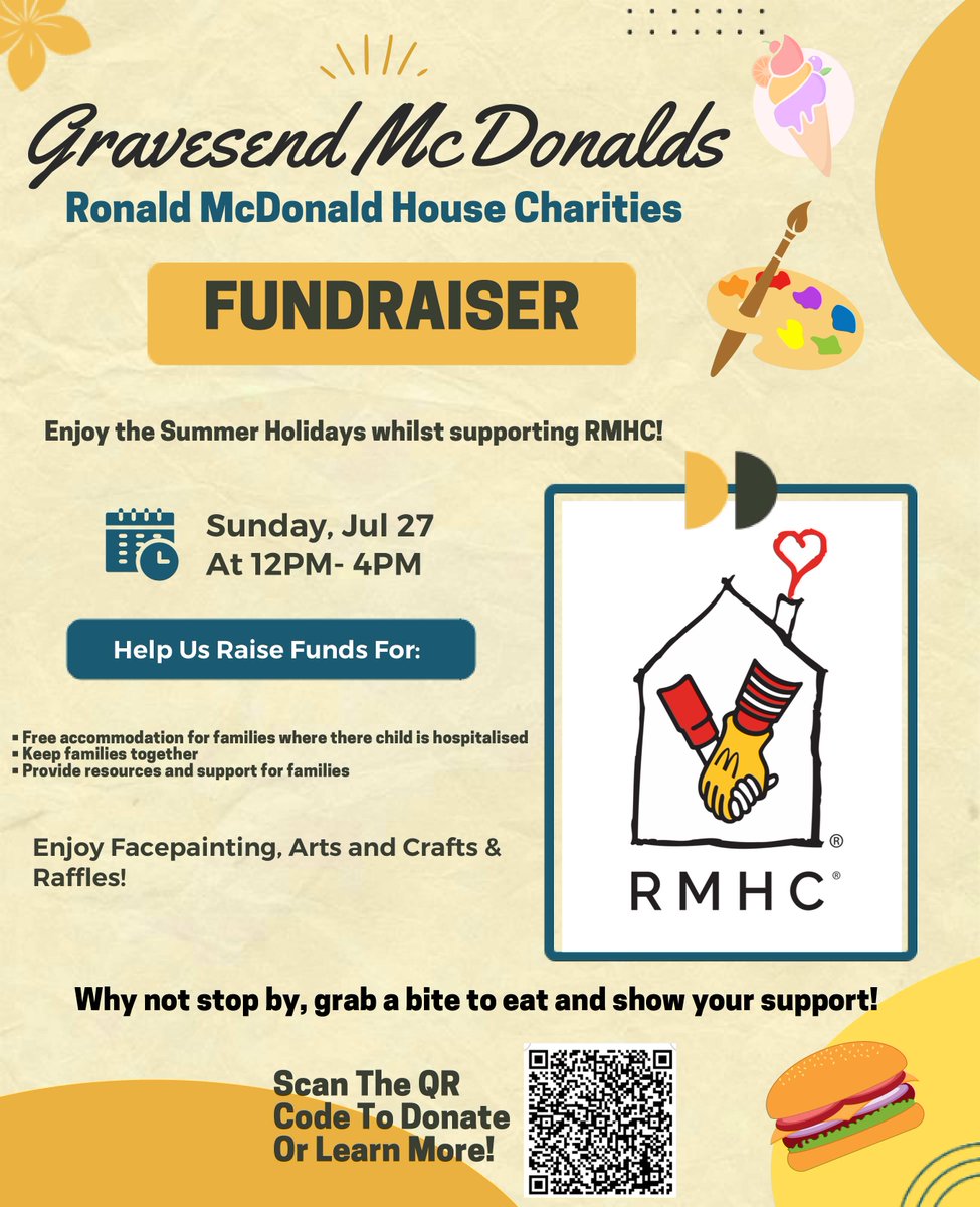 GravesendTCM's tweet image. This Sunday #Gravesend @McDonaldsUK on New Road will be hosting a community fundraising event
12noon to 4pm to raise money for their charity
Ronald McDonald House Charity.
*Face Painting
*Arts & Crafts
*Raffles