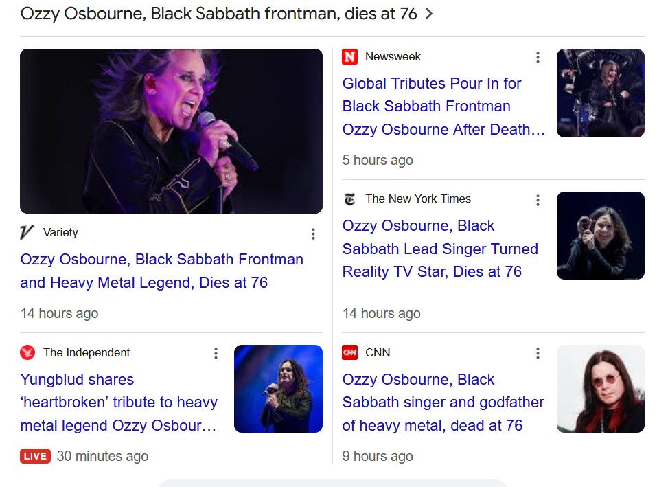 RogerP23486's tweet image. Ozzy Ozbourne Dead at 76
An article in Variety reports:
Ozzy Osbourne, a founding father of British heavy metal, a latter-day solo star and a new-millennium reality TV luminary, died Tuesday after a yearslong struggle with Parkinson’s disease. He was 76.