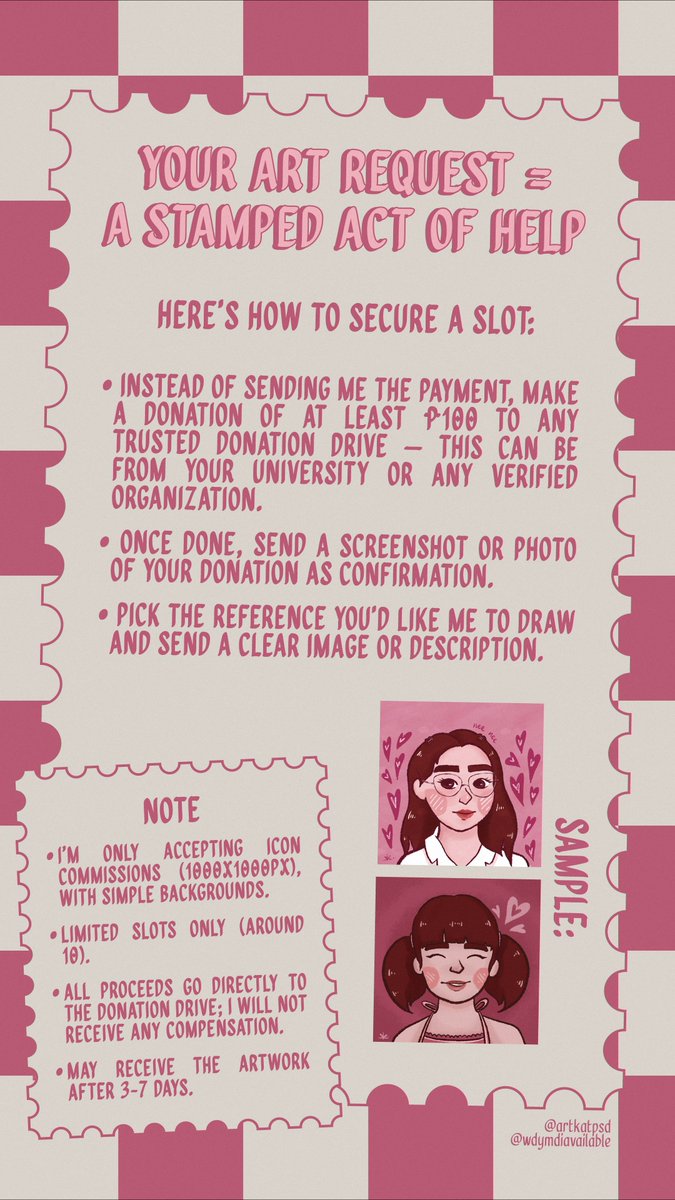 artkatpsd's tweet photo. hi #commstwt! i’m kat (formerly
@yentlart
/ @wdymdiavailable) — doing this since 2020  due to typhoon crising, i’m reopening my art for a cause mailbox to help our kababayans in need.  to secure a slot, kindly read the guidelines listed below. https://t.co/SG5CnawFKJ