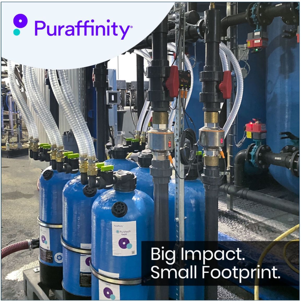 Side-by-side comparison, with the smaller blue vessels in front filled with  Puratech® G400.
Envytech Solutions  replaced the large #GAC system in the back, using just 200 liters instead of 4,000 liters of our media.  

Rethinking #PFAS Removal? Let's Talk.